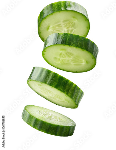 Fresh cucumber slices falling on transparent background