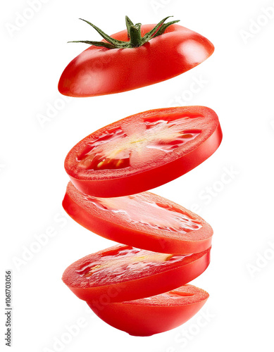 Fresh red tomato slices falling on transparent background