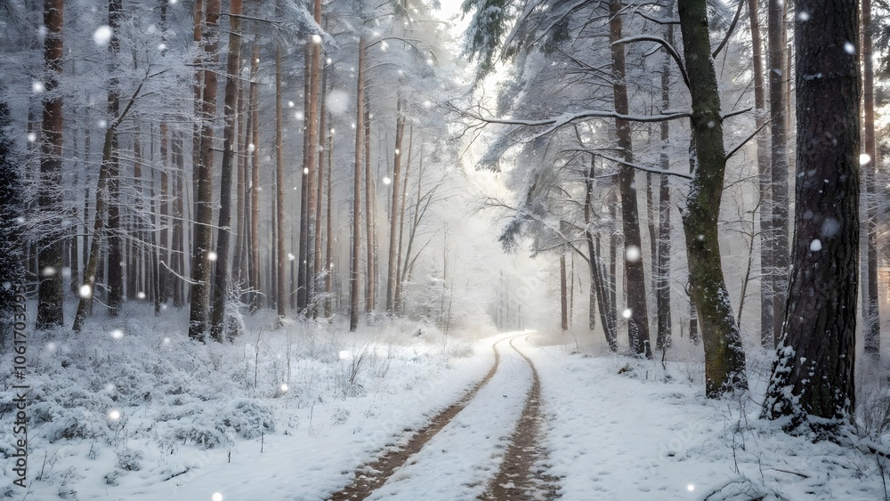 Naklejka premium A serene winter landscape of a forest path in fresh snow.