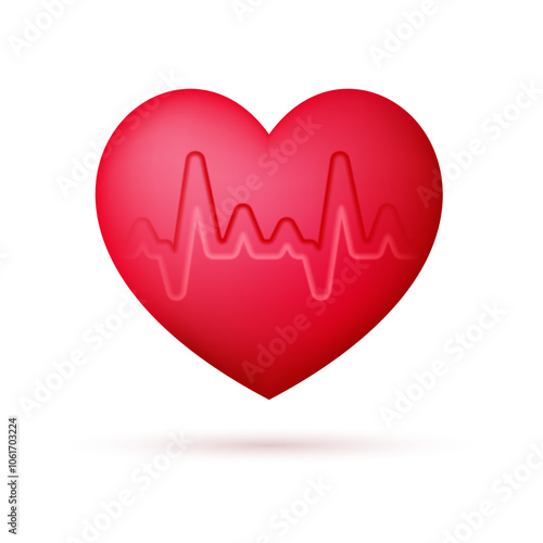 Heartbeat and pulse icon on 3d heart isolated on light background. Vector illustration.