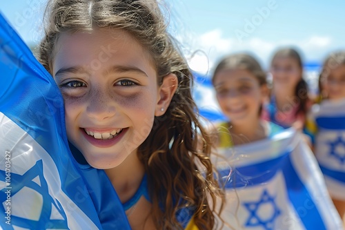 A smiling young girl with a group of other girls holds an Israeli flag. photo