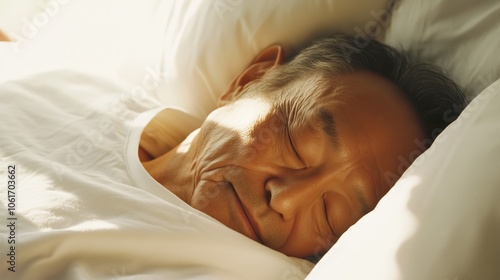 A man is peacefully sleeping in a cozy bed with his eyes closed