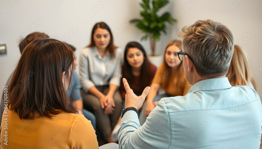 Counselor or coach giving help and support to patients, speaking on group therapy meeting, Diverse team of people gathering, sitting in circle, discussing addiction or psychological problems. Close Counselor or coach giving help and support to patients, speaking on group therapy meeting, Diverse team of people gathering, sitting in circle, discussing addiction or psychological problems. Close