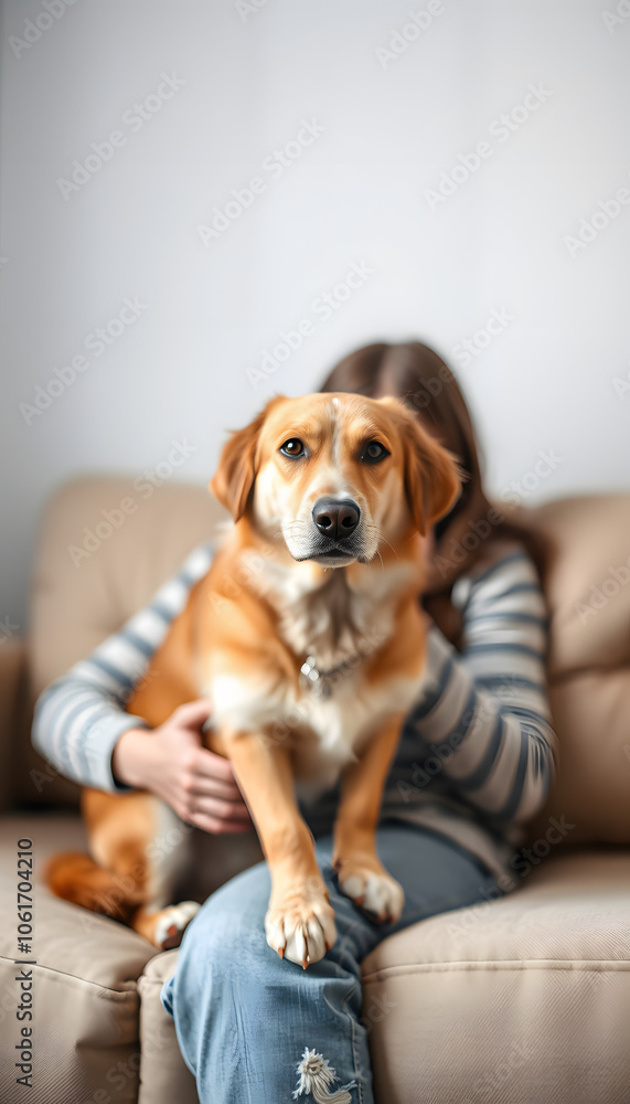 Girl with dog on beige sofa. Focus on dog's face, girl's face blured. apathy and depression Creative figurative psychological portrait expressing the desire to hide and disguise from reality. Vertic Girl with dog on beige sofa. Focus on dog's face, girl's face blured. apathy and depression Creative figurative psychological portrait expressing the desire to hide and disguise from reality. Vertic