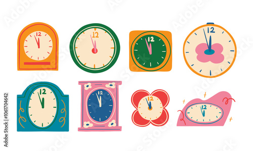 Midnight Clock Icon for Celebrations. A colorful set of 8 unique clocks all set to 12 o’clock. Perfect for themes around New Year's, midnight countdowns, and festive events