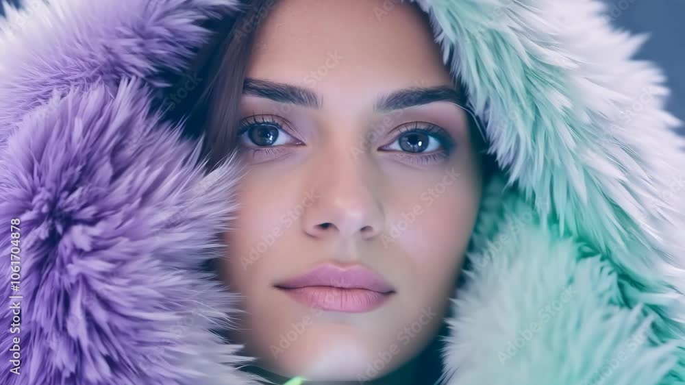 Woman in vibrant fur hood with mesmerizing eyes Woman in vibrant fur hood with mesmerizing eyes
