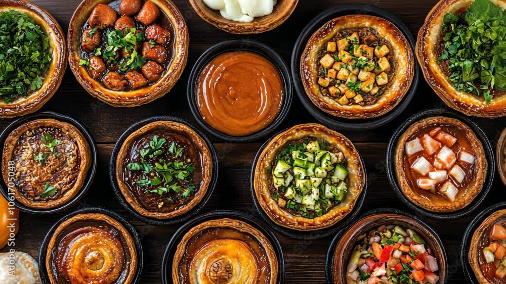 A variety of savory pies are arranged on a wooden surface, ready to be enjoyed A variety of savory pies are arranged on a wooden surface, ready to be enjoyed