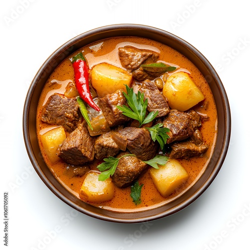 Beef curry with potatoes and chili pepper in a bowl.