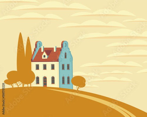 Autumn landscape with town house, yellowed trees on hill and clouds in the bright blue sky. Cartoon children's fall illustration. Decorative vector banner in flat style