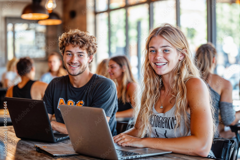 Two students smile and look at the camera in a university library while working on their laptops. Two students smile and look at the camera in a university library while working on their laptops.