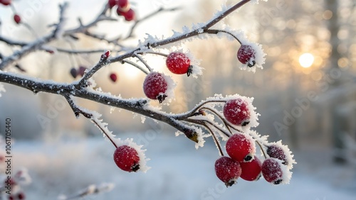 A close-up of red berries encased in frost on a snowy branch.