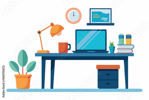 Home Office Desk with Laptop and Coffee Mug on white background 