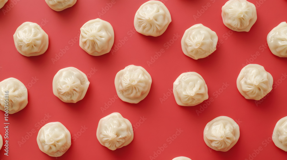 overhead view of Baozi ,asian dumplings, dim sum, ravioli, buuz, pelmeni, pyanse, khinkali or manti isolated on red background, concept for cooking overhead view of Baozi ,asian dumplings, dim sum, ravioli, buuz, pelmeni, pyanse, khinkali or manti isolated on red background, concept for cooking
