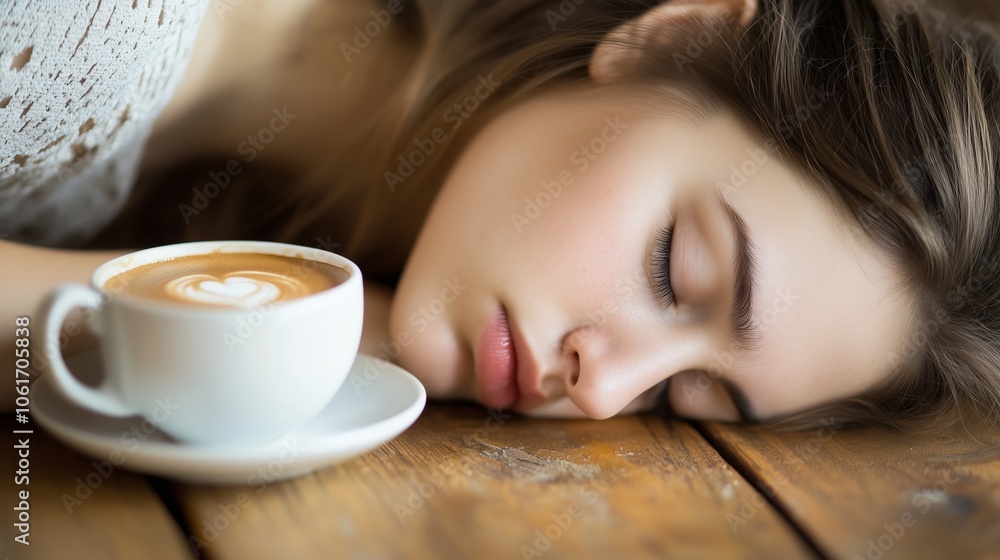 A woman is peacefully sleeping on a wooden table beside a cup of coffee A woman is peacefully sleeping on a wooden table beside a cup of coffee