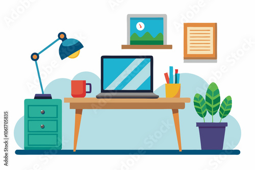 Home Office Desk with Laptop and Coffee Mug on white background 