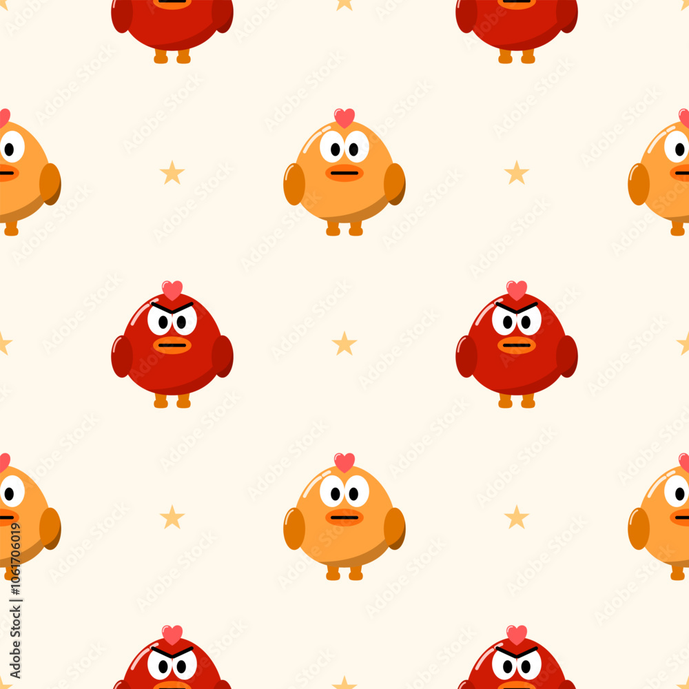 Obraz premium Bird red and yellow color.cartoon so cute.on star yellow background. Pattern seamless vector illustration. 