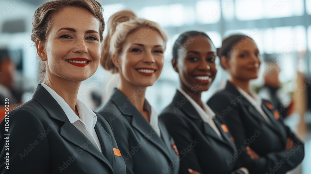 A group of flight attendants in their uniforms, standing in an airport terminal, ready for duty, showcasing the professionalism and teamwork of airline crew members A group of flight attendants in their uniforms, standing in an airport terminal, ready for duty, showcasing the professionalism and teamwork of airline crew members