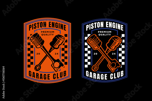 engine piston crossed retro badge logo design for garage, workshop, spare part, extreme sport. cylinder engine crossed emblem logo collection for racer, motorcycle, rider, adventure