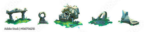 Ancient ruin of old lost civilization buildings and statues. Cartoon vector illustration set of stone temple with green grass in jungle. Destroyed abandoned architecture and monument.