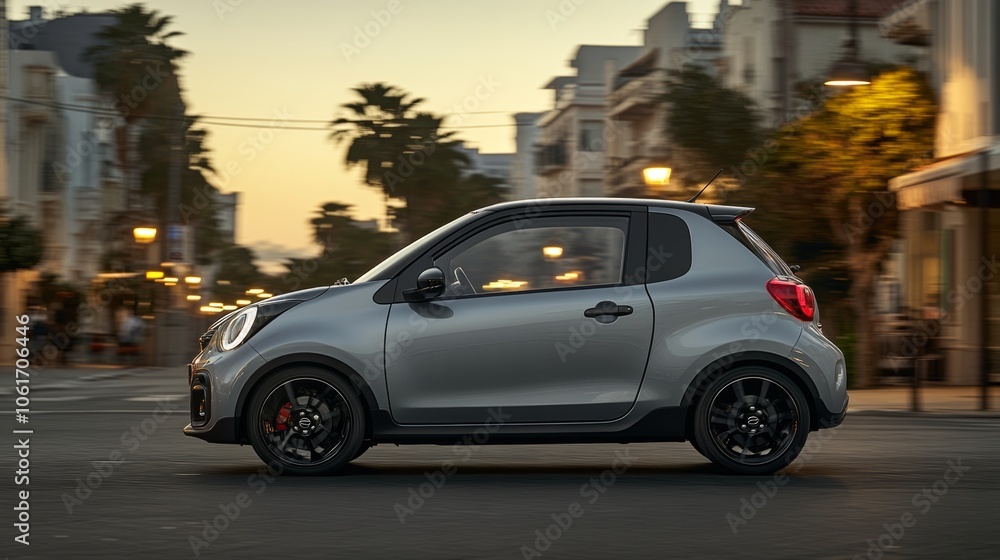 Modern Silver Compact Car Driving on City Street at Dusk Modern Silver Compact Car Driving on City Street at Dusk