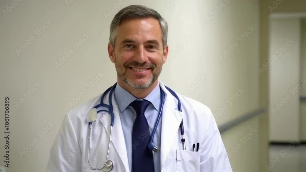 A doctor walks confidently down the hospital corridor while greeting staff and patients A doctor walks confidently down the hospital corridor while greeting staff and patients