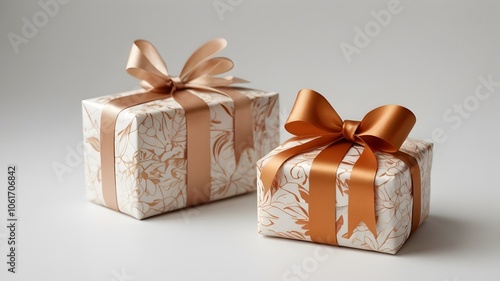 "Small gift package with decorative paper and bow, on white background."

