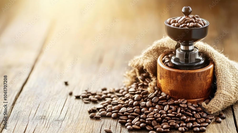 Coffee beans with a rustic grinder and burlap sack on a vintage wooden table. Warm light and earthy tones enhance the cozy coffee atmosphere. Coffee beans with a rustic grinder and burlap sack on a vintage wooden table. Warm light and earthy tones enhance the cozy coffee atmosphere.