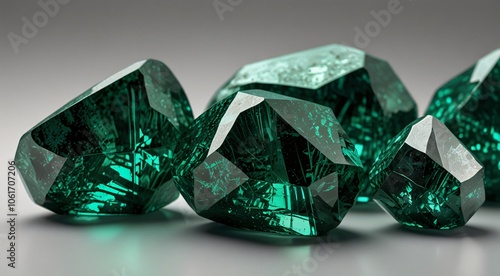 Close-up of Raw Emerald Green Gemstones on Gray Background