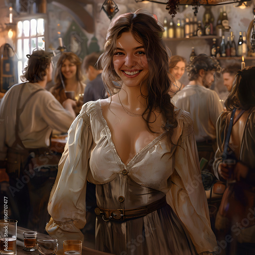 A beautiful medieval woman serving drinks in an inn, wearing a short, strapless top with a leather skirt, in a fantasy style, Generative AI