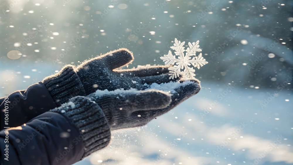 Close-up of a gloved hand catching delicate snowflakes. Close-up of a gloved hand catching delicate snowflakes.