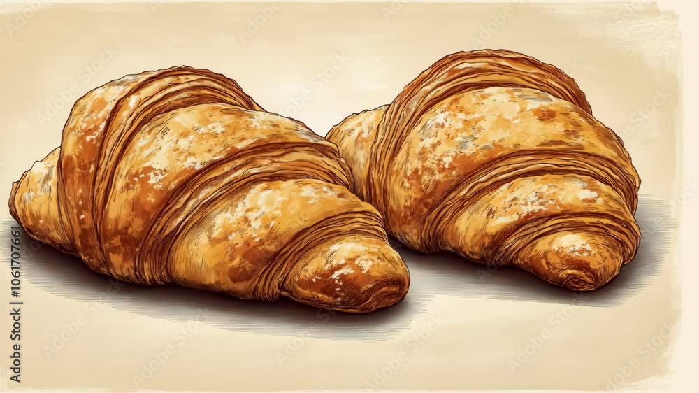 Two freshly baked croissants sit on a light brown surface Two freshly baked croissants sit on a light brown surface