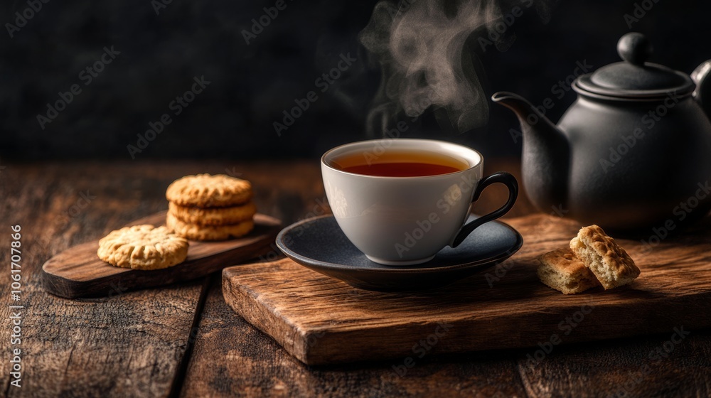 A hot cup of tea with steam rising from the surface, placed beside a teapot and biscuits, representing a classic and comforting tea time A hot cup of tea with steam rising from the surface, placed beside a teapot and biscuits, representing a classic and comforting tea time