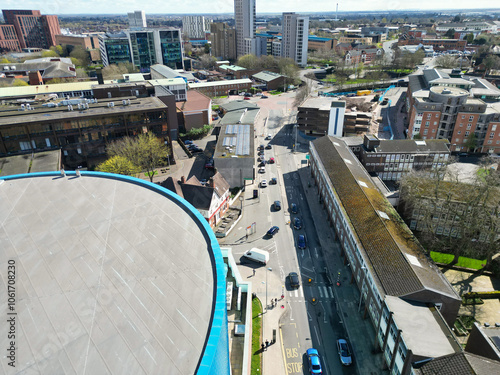 Aerial View of Downtown Buildings at Central Coventry City Centre of England United Kingdom. Drone's Camera Footage Was Captured During Bright Sunny Day From Medium High Altitude on March 30th, 2024 photo