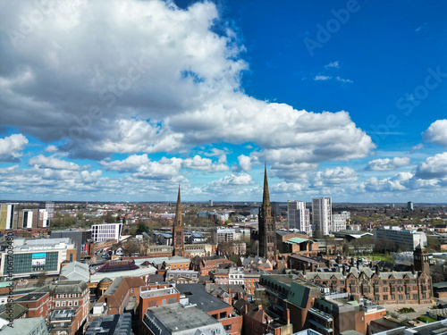 Aerial View of Downtown Buildings at Central Coventry City Centre of England United Kingdom. Drone's Camera Footage Was Captured During Bright Sunny Day From Medium High Altitude on March 30th, 2024