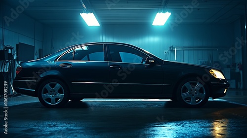 Black Sedan Car in Garage with Blue Lighting