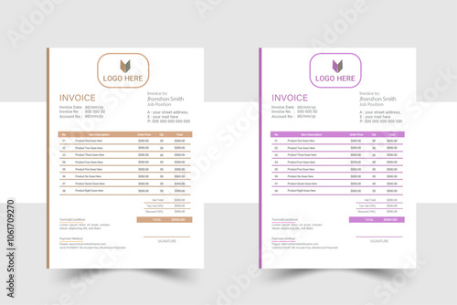 professional corporate company business invoice template design with color and concept variation bundle.Modern business invoice bill template Premium Vector.Professional and modern invoice template.