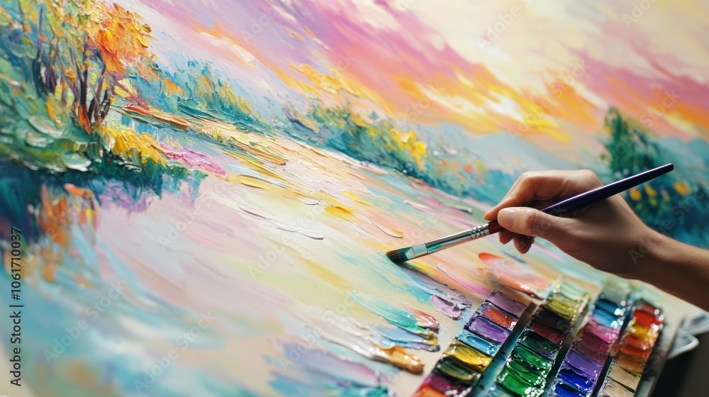 A painting hobby setup with an artist working on a canvas, using vibrant colors to create a landscape, with brushes and paint tubes scattered around A painting hobby setup with an artist working on a canvas, using vibrant colors to create a landscape, with brushes and paint tubes scattered around