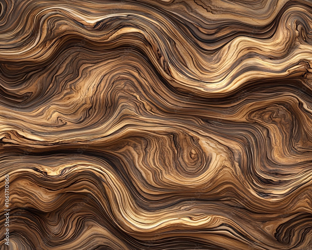 Fototapeta premium Abstract wood texture with wavy patterns, showcasing rich browns and tan colors. Ideal for backgrounds or design elements.