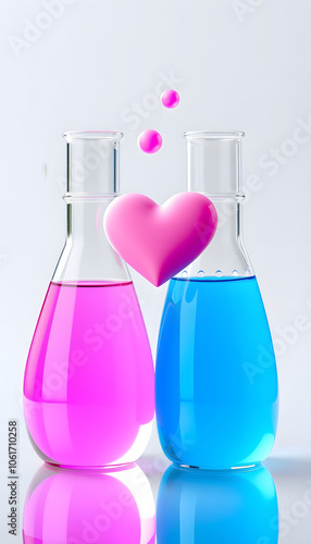 Chemistry of love concept. Flasks with pink and blue liquid, 3D rendering isolated on transparent background isolated with white highlights, png photo