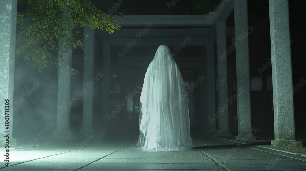 Eerie 3D Render of Japanese Yurei Bride in Traditional Kimono at Deserted Shrine | Ultra-Detailed Ghostly Yokai Illustration Eerie 3D Render of Japanese Yurei Bride in Traditional Kimono at Deserted Shrine | Ultra-Detailed Ghostly Yokai Illustration