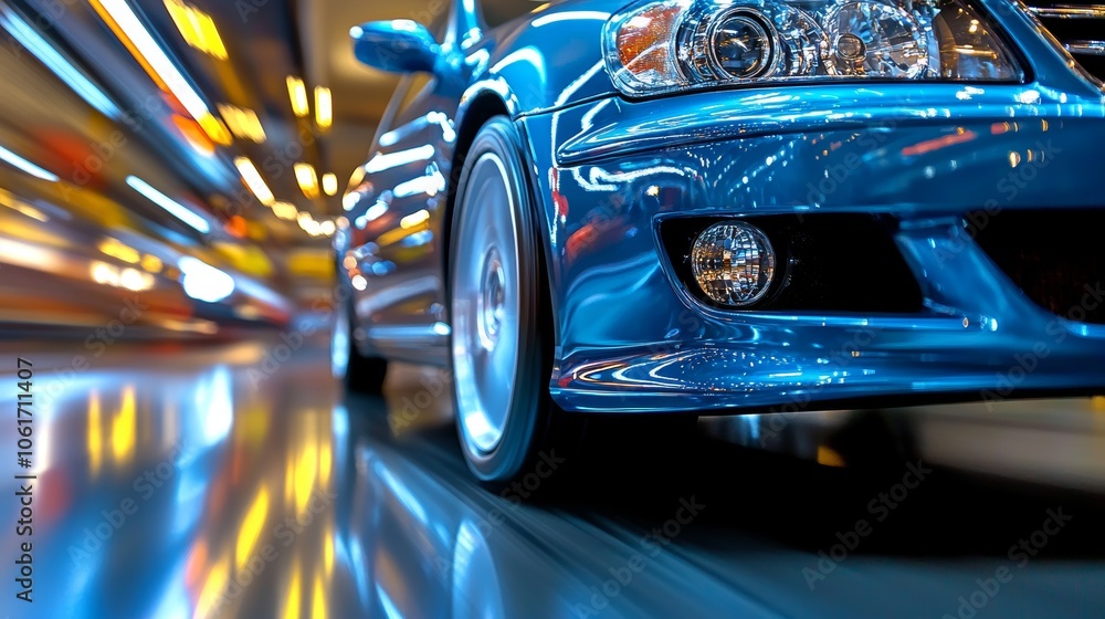 Fototapeta premium Blue Car Driving Through City Lights at Night