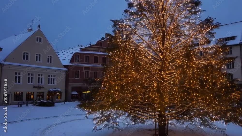 Illuminated Tree in a Snowy Town Square Illuminated Tree in a Snowy Town Square