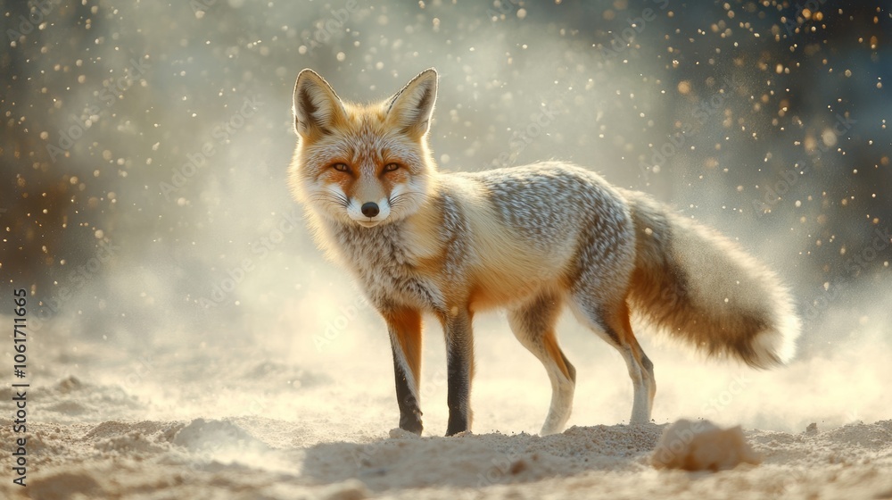 Obraz premium A portrait of a desert fox standing in a sandy landscape, with dust particles floating in the air, highlighting the adaptability of wildlife in harsh environments