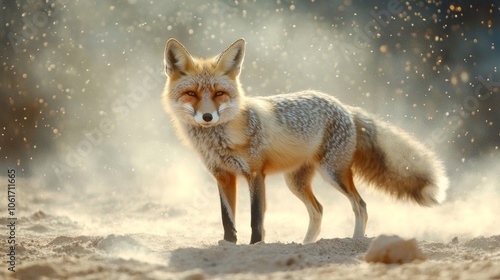 A portrait of a desert fox standing in a sandy landscape, with dust particles floating in the air, highlighting the adaptability of wildlife in harsh environments