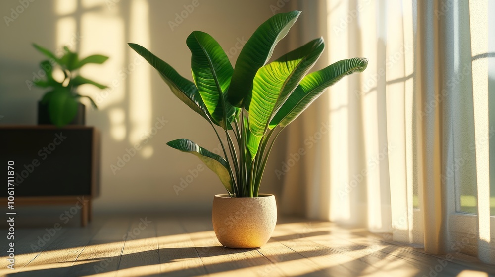 A potted houseplant placed in a sunny corner of a living room, with large green leaves adding a fresh and lively touch to the space A potted houseplant placed in a sunny corner of a living room, with large green leaves adding a fresh and lively touch to the space