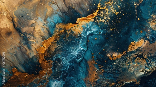 Abstract blue and gold marbled texture with flowing, fluid patterns