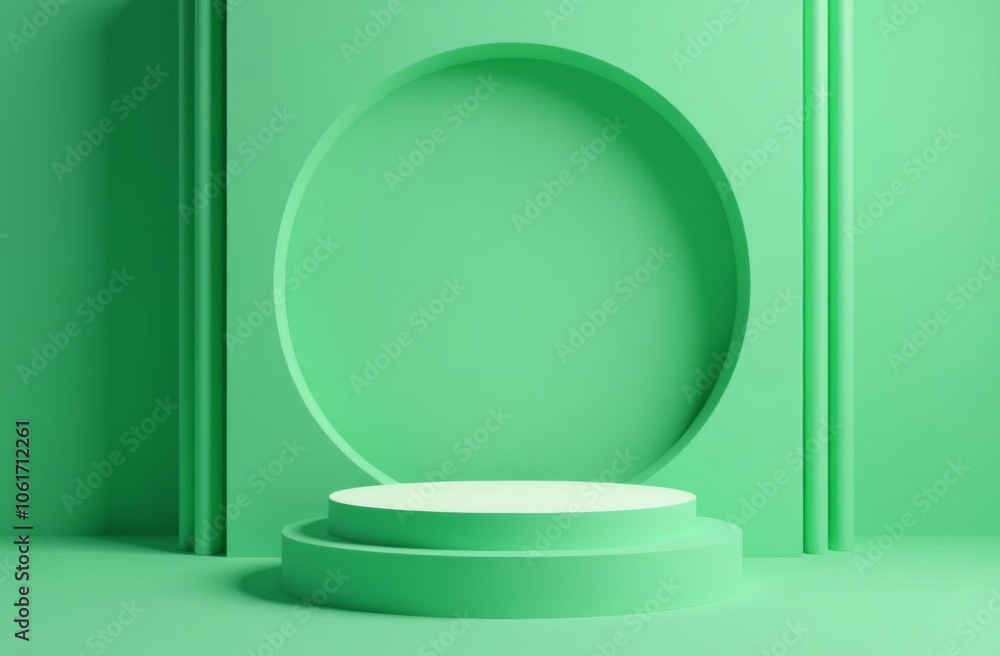 3D green cylinder podium background with white pedestal in circle window and vertical pattern scene. 3D green cylinder podium background with white pedestal in circle window and vertical pattern scene.