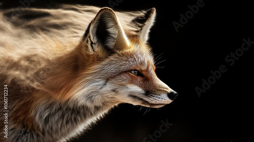 A powerful desert fox portrait, with wind-blown sand creating motion around its face, set against a black backdrop, enhancing the focus on the animal's sharp features