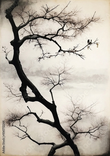 Traditional chinese Ink painting vintage poster. Winter tree  branch illustration. Poster
