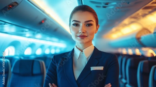 A professional air hostess in a crisp airline uniform, standing inside an airplane cabin, offering in-flight service to passengers, representing the role of airline crew during air travel photo